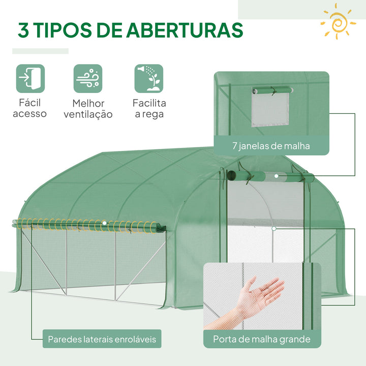 Estufa Tipo Túnel 347x300x200 cm Estufa de Jardim com Porta Enrolável 6 Janelas Cobertura PE 140g/m² Estrutura de Aço Galvanizado para Cultivos Plantas Flores Verde