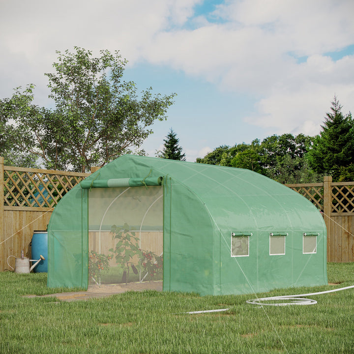 Estufa Tipo Túnel 347x300x200 cm Estufa de Jardim com Porta Enrolável 6 Janelas Cobertura PE 140g/m² Estrutura de Aço Galvanizado para Cultivos Plantas Flores Verde