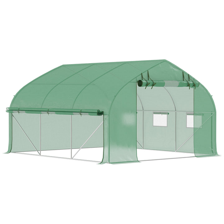 Estufa Tipo Túnel 347x300x200 cm Estufa de Jardim com Porta Enrolável 6 Janelas Cobertura PE 140g/m² Estrutura de Aço Galvanizado para Cultivos Plantas Flores Verde