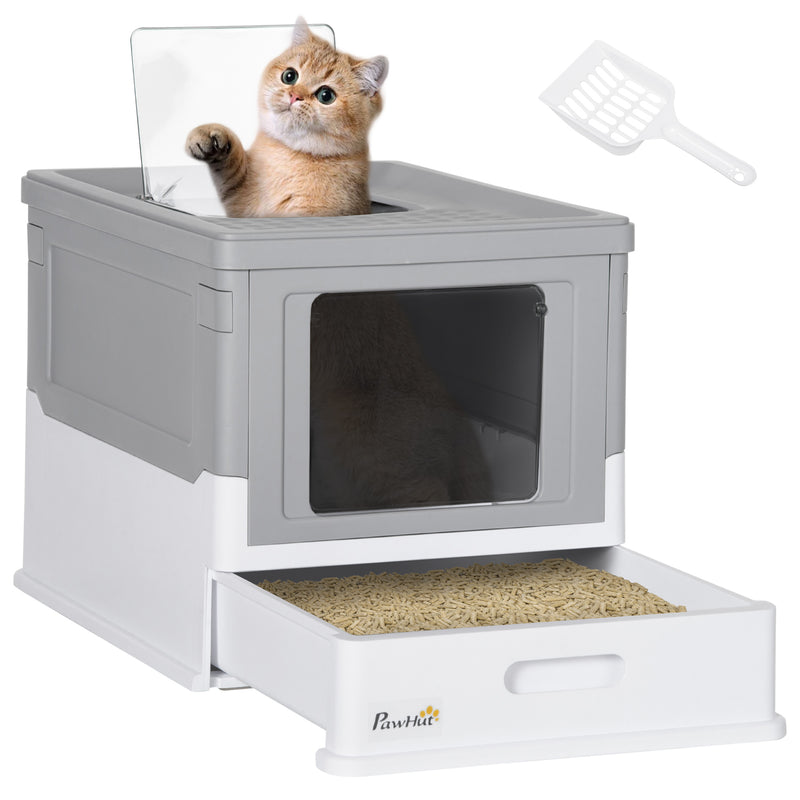 Caixa de Areia para Gatos Dobrável Caixa de Areia para Gatos Fechada com Cobertura Desmontável Bandeja Removível Teto Rebatível Porta de Entrada e Pá 47,5x35,5x36,7cm Cinza