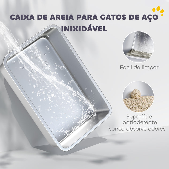 Caixa de Areia para Gatos em Aço Inoxidável XL Caixa de Areia para Gatos com Borda Alta Pá Fácil de Limpar À Prova de Fugas 60x40x29,5 cm Cinzento
