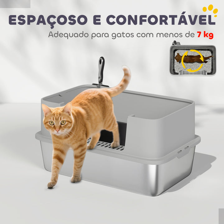 Caixa de Areia para Gatos em Aço Inoxidável XL Caixa de Areia para Gatos com Borda Alta Pá Fácil de Limpar À Prova de Fugas 60x40x29,5 cm Cinzento