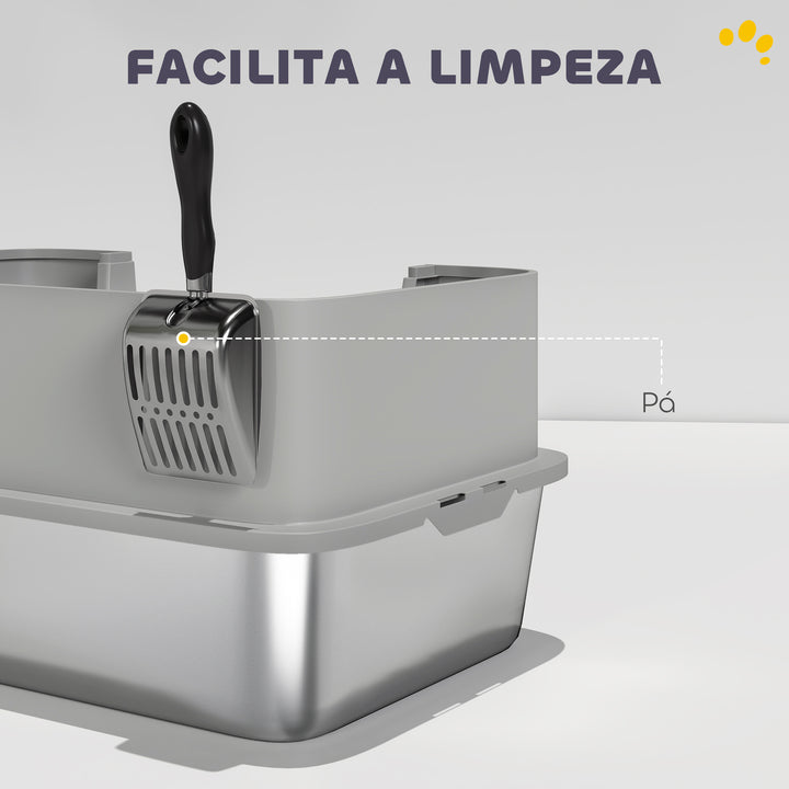 Caixa de Areia para Gatos em Aço Inoxidável XL Caixa de Areia para Gatos com Borda Alta Pá Fácil de Limpar À Prova de Fugas 60x40x29,5 cm Cinzento