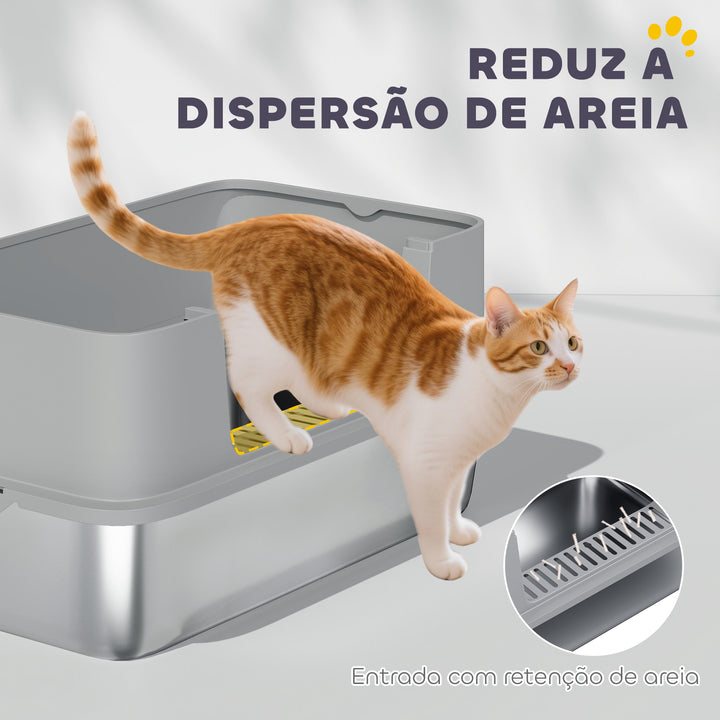 Caixa de Areia para Gatos em Aço Inoxidável XL Caixa de Areia para Gatos com Borda Alta Pá Fácil de Limpar À Prova de Fugas 60x40x29,5 cm Cinzento