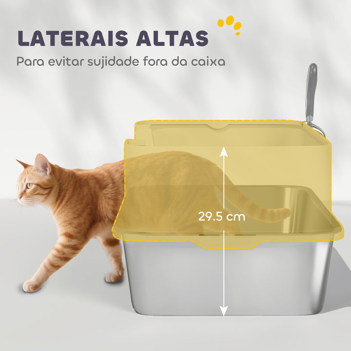 Caixa de Areia para Gatos em Aço Inoxidável XL Caixa de Areia para Gatos com Borda Alta Pá Fácil de Limpar À Prova de Fugas 60x40x29,5 cm Cinzento