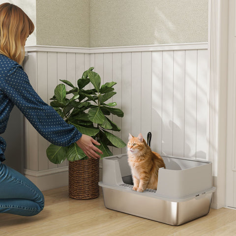 Caixa de Areia para Gatos em Aço Inoxidável XL Caixa de Areia para Gatos com Borda Alta Pá Fácil de Limpar À Prova de Fugas 60x40x29,5 cm Cinzento