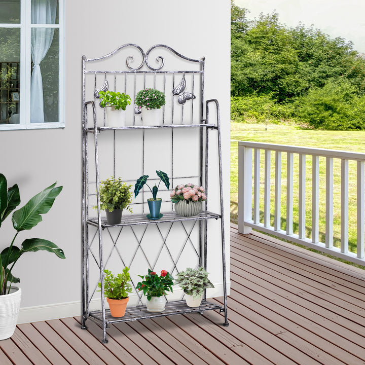 Suporte para Plantas Dobrável Suporte para Vasos de Plantas de 3 Níveis com Estrutura de Metal Suporte para Flores de Metal para Interior e Exterior 44x25x96 cm Prata