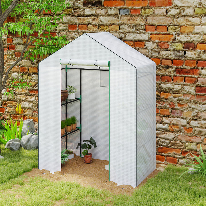 Estufa de Jardim Pequena de 3 Níveis com 6 Prateleiras Porta Enrolável Capa de PE e Estrutura de Aço para Cultivo de Plantas e Flores 143x74x190 cm Branco