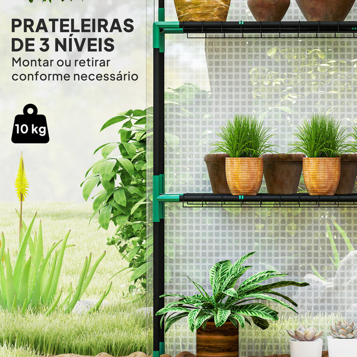 Estufa de Jardim Pequena de 3 Níveis com 6 Prateleiras Porta Enrolável Capa de PE e Estrutura de Aço para Cultivo de Plantas e Flores 143x74x190 cm Branco