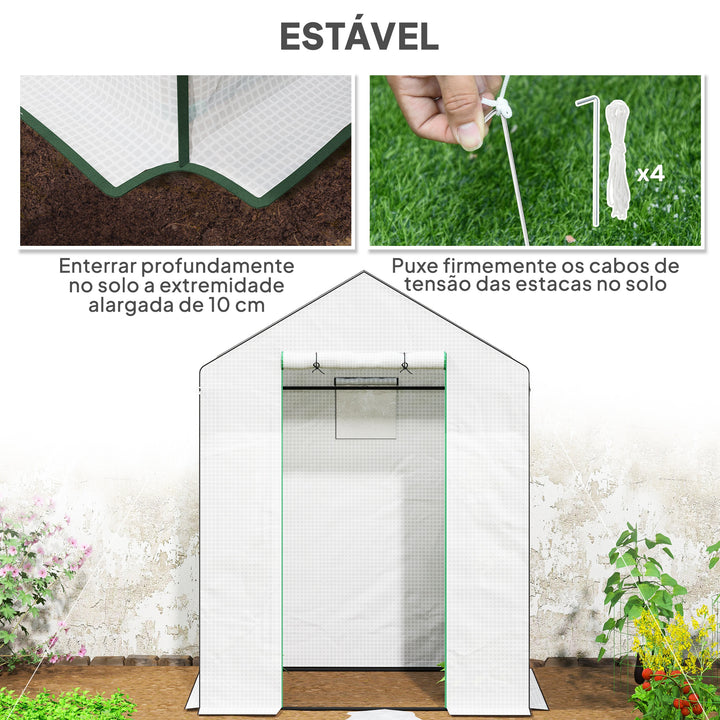 Estufa de Jardim Pequena de 3 Níveis com 6 Prateleiras Porta Enrolável Capa de PE e Estrutura de Aço para Cultivo de Plantas e Flores 143x74x190 cm Branco