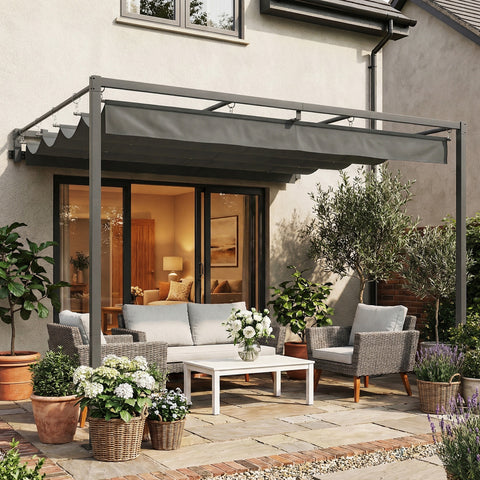 Pérgola de Parede para Jardim 3x3 m Pérgola de Jardim com Teto Retrátil Proteção UPF30+ Orifícios de Drenagem e Estrutura de Aço Pérgola para Terraço Exterior Cinzento Escuro