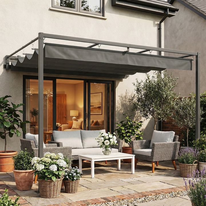 Pérgola de Parede para Jardim 3x3 m Pérgola de Jardim com Teto Retrátil Proteção UPF30+ Orifícios de Drenagem e Estrutura de Aço Pérgola para Terraço Exterior Cinzento Escuro