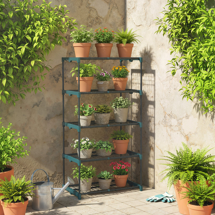 Suporte para Plantas de 5 Níveis Estante de Aço com Prateleiras de Rede Interior e Exterior, 67x49x138 cm Verde Escuro