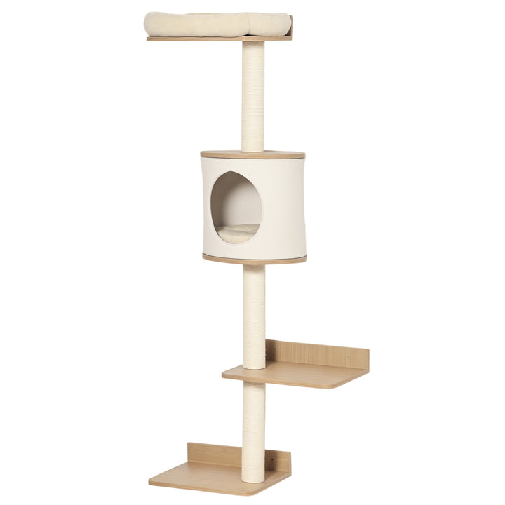 Árvore para Gatos de Parede com Múltiplas Plataformas Caverna Cama Superior Almofada Removível Postes Arranhadores de Sisal Torre para Escalar 38x30x149cm Bege e Carvalho