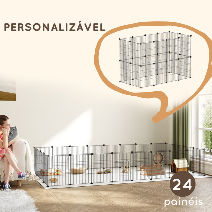 Recinto Metálico para Animais com 24 Painéis Recinto para Animais Pequenos Personalizável para Coelhos Porquinhos-da-Índia Chinchilas Gatos 120x60x80 cm Preto