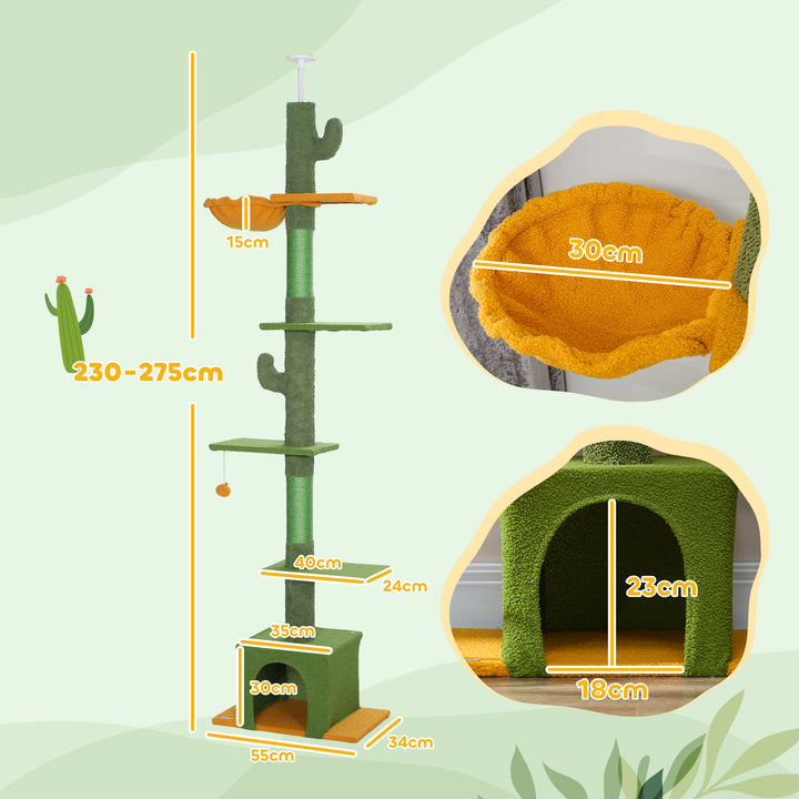 Arranhador para Gatos de Chão a Teto de 230-275 cm Torre para Gatos com Altura Ajustável Plataformas Caverna Rede Postes de Sisal e Bola de Jogo Verde