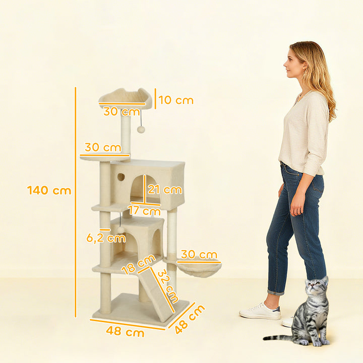 Arranhador para Gatos 140 cm Torre de Escalada com Múltiplas Plataformas Cama 2 Cavernas Rede Escada Postes de Sisal Bolas para Brincar Bege