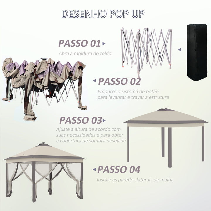 Pérgola Dobrável Exterior 3,3x3,3x2,9 m com Luzes LED e Controle Remoto Pérgola de Jardim com 4 Mosquiteiras Removíveis e Bolsa de Transporte para Acampamento Festas Bege