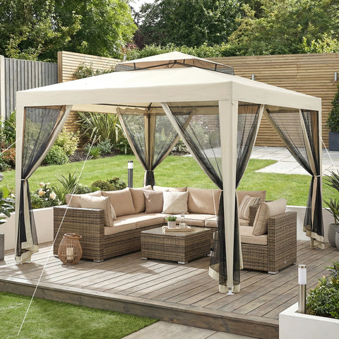 Pérgola de Jardim 297x297x268 cm Pérgola com 4 Redes Mosquiteiras Laterais com Fecho de Correr Teto de Ventilação e 8 Orifícios de Drenagem Pérgola para Terraço Pátio Exterior Bege