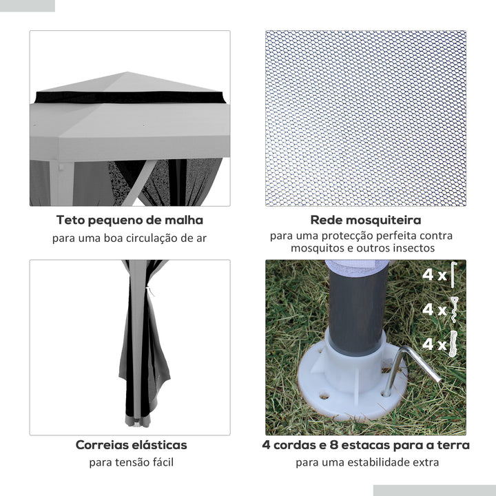 Pérgola de Jardim 297x297x268 cm Pérgola com 4 Redes Mosquiteiras Laterais com Fecho de Correr Teto de Ventilação e 8 Orifícios de Drenagem Pérgola para Terraço Pátio Exterior Cinza