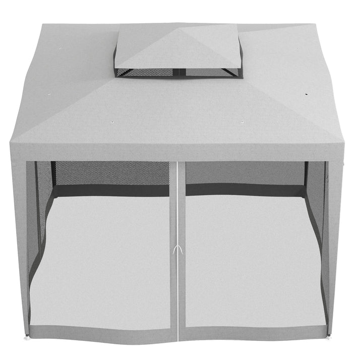Pérgola de Jardim 297x297x268 cm Pérgola com 4 Redes Mosquiteiras Laterais com Fecho de Correr Teto de Ventilação e 8 Orifícios de Drenagem Pérgola para Terraço Pátio Exterior Cinza