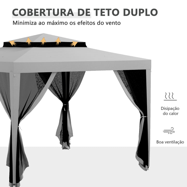 Pérgola de Jardim 297x297x268 cm Pérgola com 4 Redes Mosquiteiras Laterais com Fecho de Correr Teto de Ventilação e 8 Orifícios de Drenagem Pérgola para Terraço Pátio Exterior Cinza