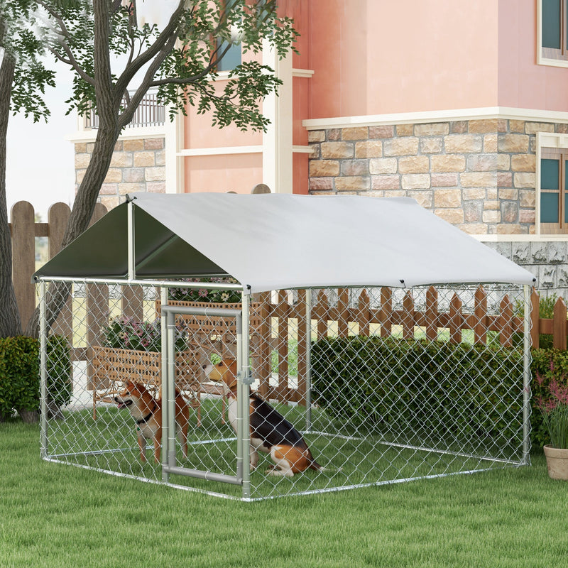 Canil de Exterior para Cães Médios Gaiola para Cães com Fechadura Estrutura de Aço Toldo Impermeável e Anti-UV 200x200x150 cm Prata