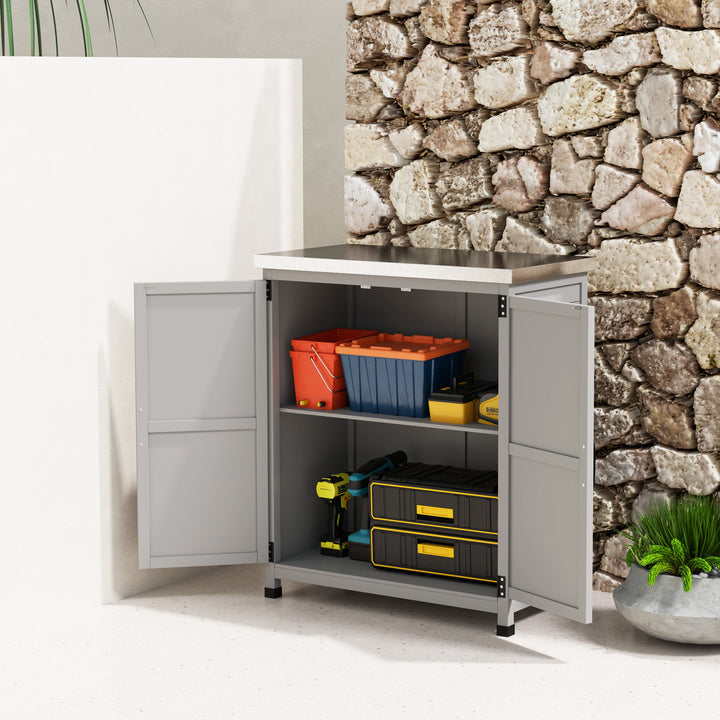 Armário de Exterior em Madeira Armário de Jardim com Tampo de Aço Galvanizado Prateleira 2 Portas Abrigo de Jardim para Armazenamento de Ferramentas 79x43x92 cm Cinza
