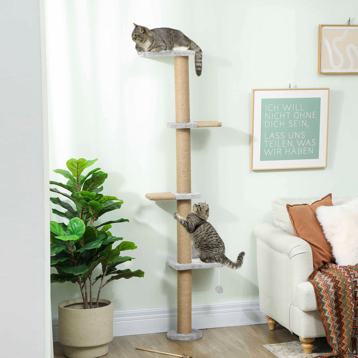 Arranhador para Gatos de Parede de 5 Níveis Estreito com Bola de Brinquedo e Arranhadores de Sisal 48x21x180 cm Cinza Claro