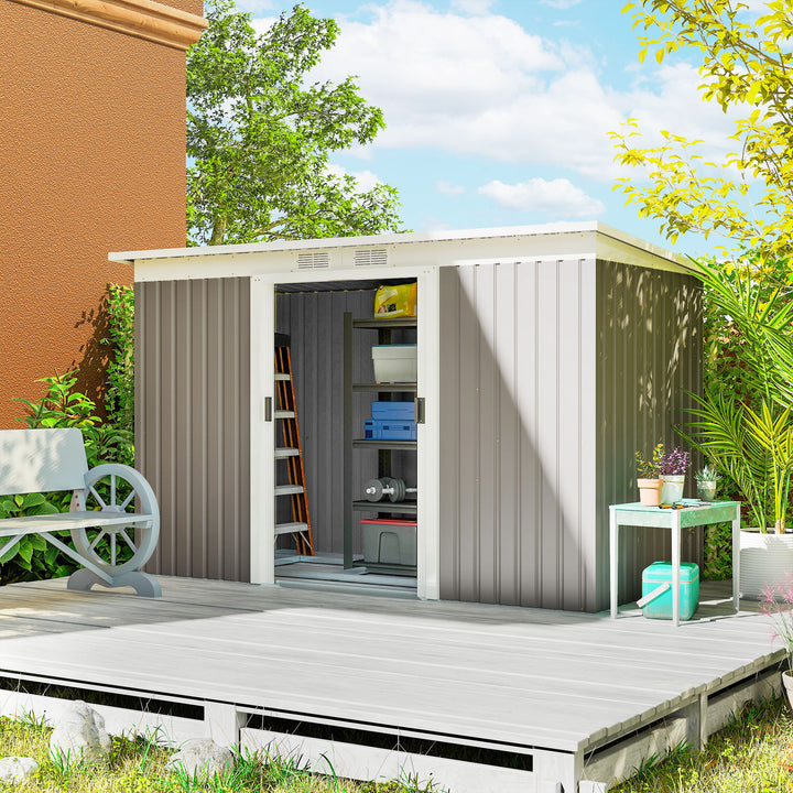 Abrigo de Jardim 280x130x172 cm Abrigo de Exterior de Aço Galvanizado com Porta Corredeira e Ventilações para Armazenamento de Ferramentas Cinza
