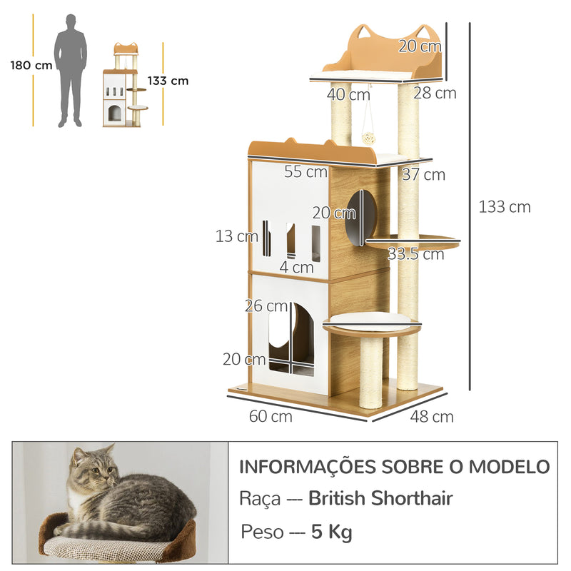 Arranhador para Gatos 133 cm Arranhador para Gatos com Caverna Plataformas Bola Suspensa e Postes de Sisal 60x48x133 cm Carvalho