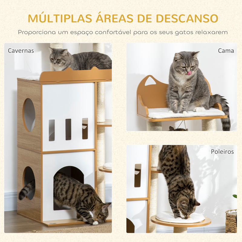 Arranhador para Gatos 133 cm Arranhador para Gatos com Caverna Plataformas Bola Suspensa e Postes de Sisal 60x48x133 cm Carvalho