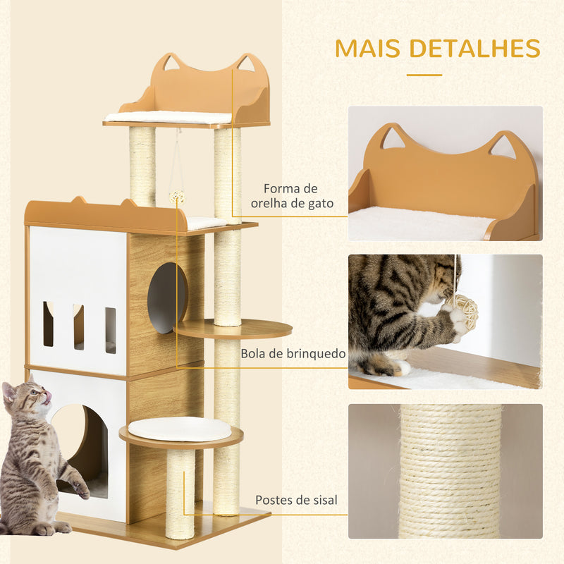 Arranhador para Gatos 133 cm Arranhador para Gatos com Caverna Plataformas Bola Suspensa e Postes de Sisal 60x48x133 cm Carvalho