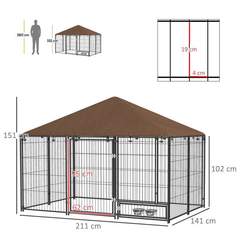 Parque para Cães com Toldo Canil para Exterior com Suporte Giratório para Comida 2 Tigelas Incluídas 211x141x151 cm Preto e Marrom