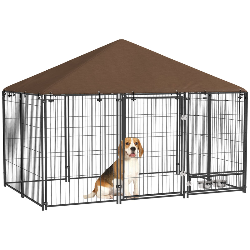 Parque para Cães com Toldo Canil para Exterior com Suporte Giratório para Comida 2 Tigelas Incluídas 211x141x151 cm Preto e Marrom