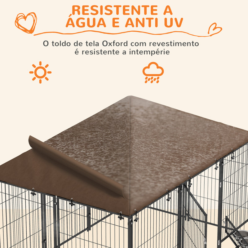 Parque para Cães com Toldo Canil para Exterior com Suporte Giratório para Comida 2 Tigelas Incluídas 211x141x151 cm Preto e Marrom