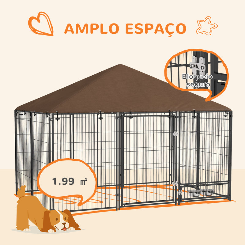 Parque para Cães com Toldo Canil para Exterior com Suporte Giratório para Comida 2 Tigelas Incluídas 211x141x151 cm Preto e Marrom