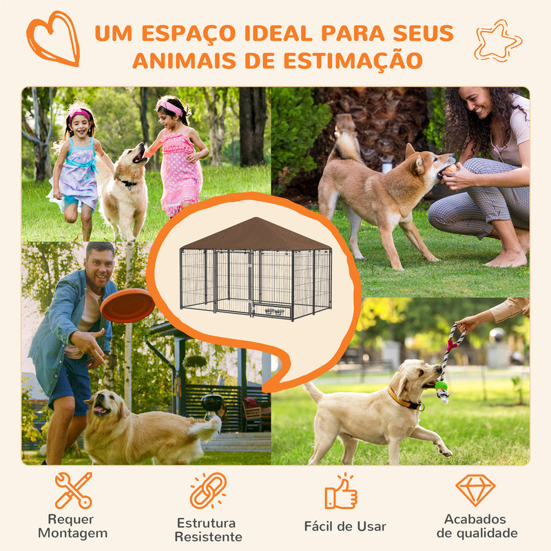 Parque para Cães com Toldo Canil para Exterior com Suporte Giratório para Comida 2 Tigelas Incluídas 211x141x151 cm Preto e Marrom