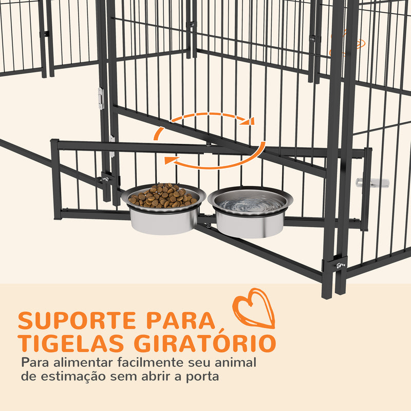 Parque para Cães com Toldo Canil para Exterior com Suporte Giratório para Comida 2 Tigelas Incluídas 211x141x151 cm Preto e Marrom