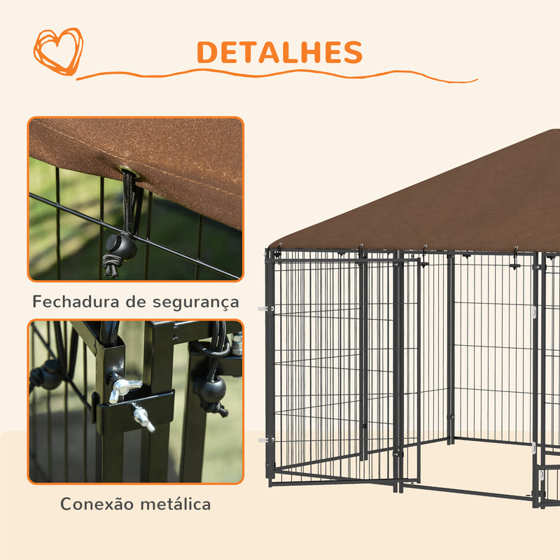 Parque para Cães com Toldo Canil para Exterior com Suporte Giratório para Comida 2 Tigelas Incluídas 211x141x151 cm Preto e Marrom