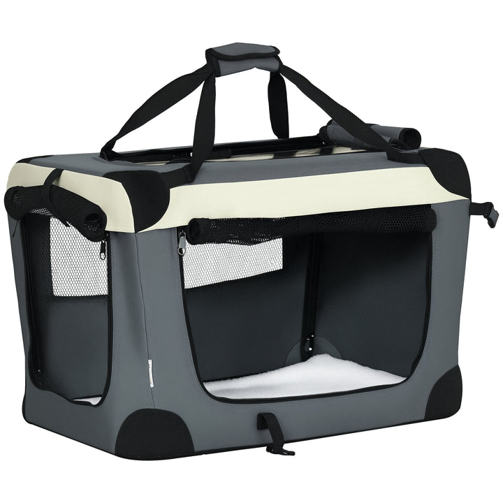 Transportadora para Cães e Gatos Bolsa de Transporte Animais de Estimação Dobrável com Almofada Suave e 2 Correias de Ombro para Carro Avião Viajem 60x41x41cm Cinzento