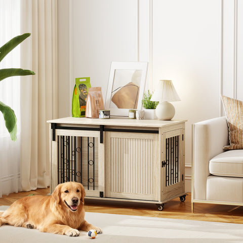 Móvel Gaiola para Cães com Rodas Mesa Auxiliar Casa para Animais Moderna com 2 Portas com Fecho para Cães Médios e Grandes 100x56x65 cm Carvalho