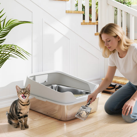 Caixa de Areia para Gatos em Aço Inoxidável XXL Caixa de Areia para Gatos com Borda Alta Pá Fácil de Limpar À Prova de Fugas 70x50x30 cm Cinzento