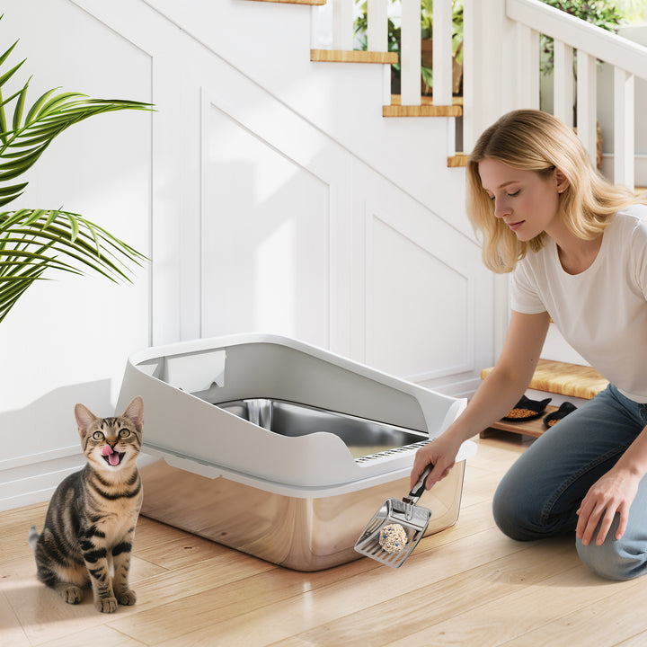 Caixa de Areia para Gatos em Aço Inoxidável XXL Caixa de Areia para Gatos com Borda Alta Pá Fácil de Limpar À Prova de Fugas 70x50x30 cm Cinzento