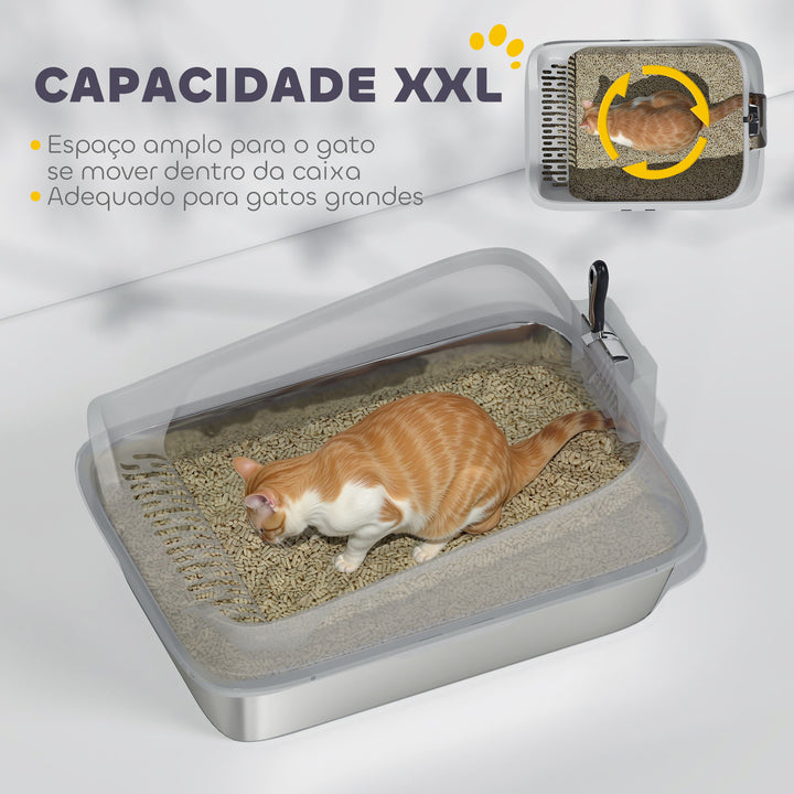 Caixa de Areia para Gatos em Aço Inoxidável XXL Caixa de Areia para Gatos com Borda Alta Pá Fácil de Limpar À Prova de Fugas 70x50x30 cm Cinzento