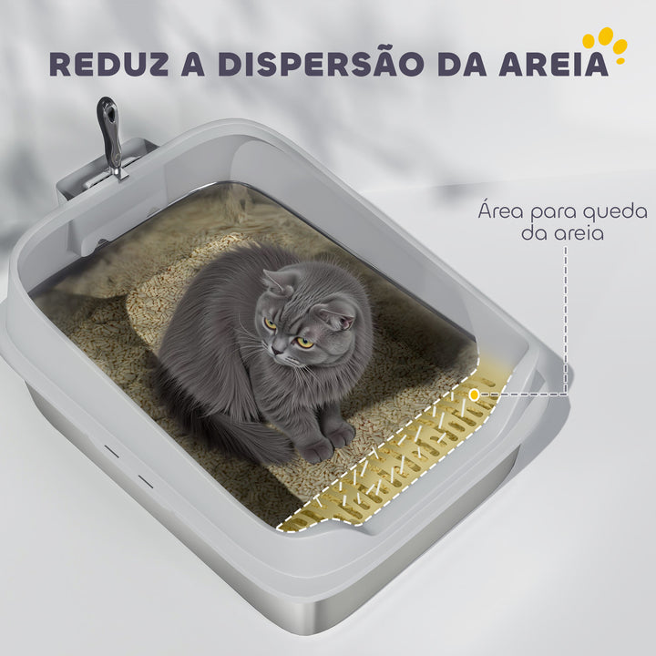 Caixa de Areia para Gatos em Aço Inoxidável XXL Caixa de Areia para Gatos com Borda Alta Pá Fácil de Limpar À Prova de Fugas 70x50x30 cm Cinzento