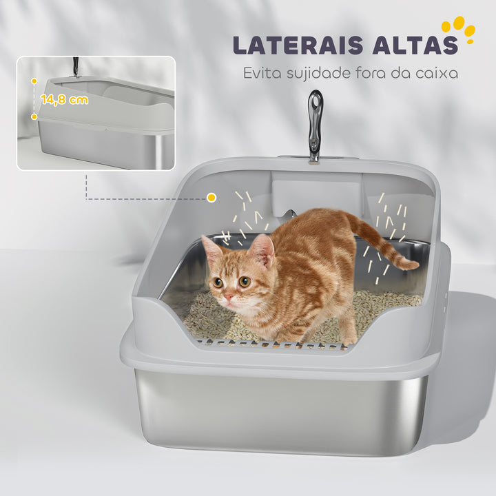 Caixa de Areia para Gatos em Aço Inoxidável XXL Caixa de Areia para Gatos com Borda Alta Pá Fácil de Limpar À Prova de Fugas 70x50x30 cm Cinzento