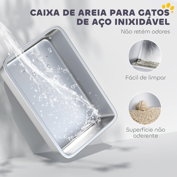 Caixa de Areia para Gatos em Aço Inoxidável XXL Caixa de Areia para Gatos com Borda Alta Pá Fácil de Limpar À Prova de Fugas 70x50x30 cm Cinzento
