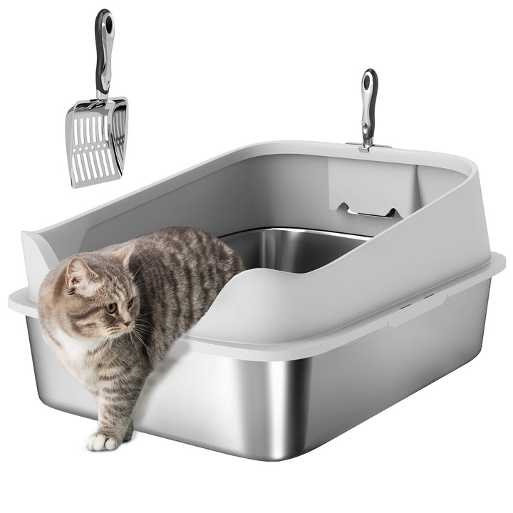 Caixa de Areia para Gatos em Aço Inoxidável XXL Caixa de Areia para Gatos com Borda Alta Pá Fácil de Limpar À Prova de Fugas 70x50x30 cm Cinzento