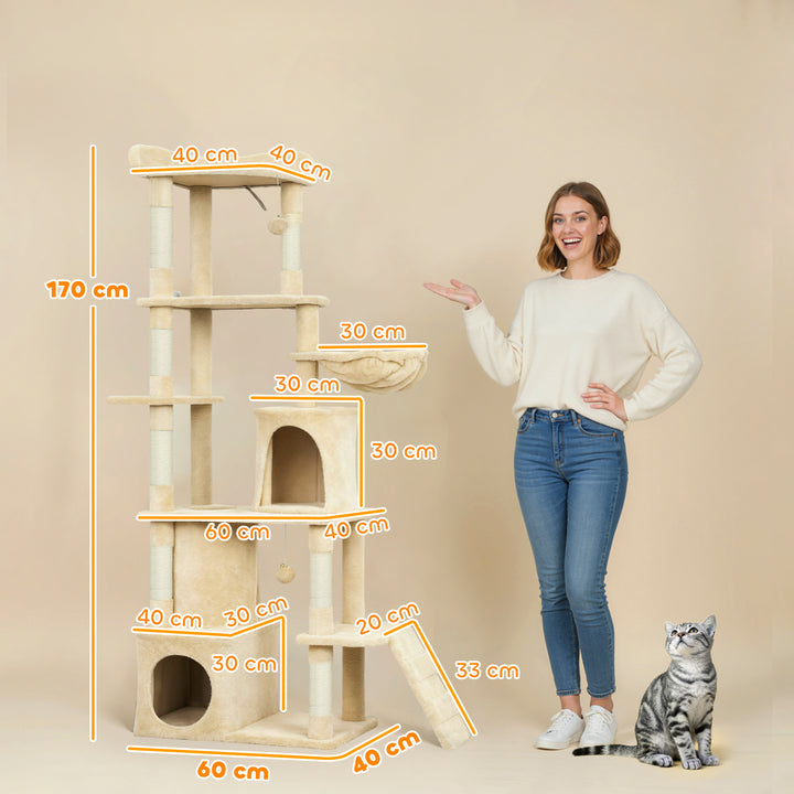 Arranhador para Gatos Grande Altura 170 cm Torre de Escalada com 7 Postes 1 Túnel 3 Plataformas 2 Cavernas 1 Rede 1 Poleiro 1 Rampa Pompons Bege
